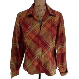 COLDWATER CREEEK Top Size M Red Orange Green Plaid Zipper Front Silk Long Sleeve
